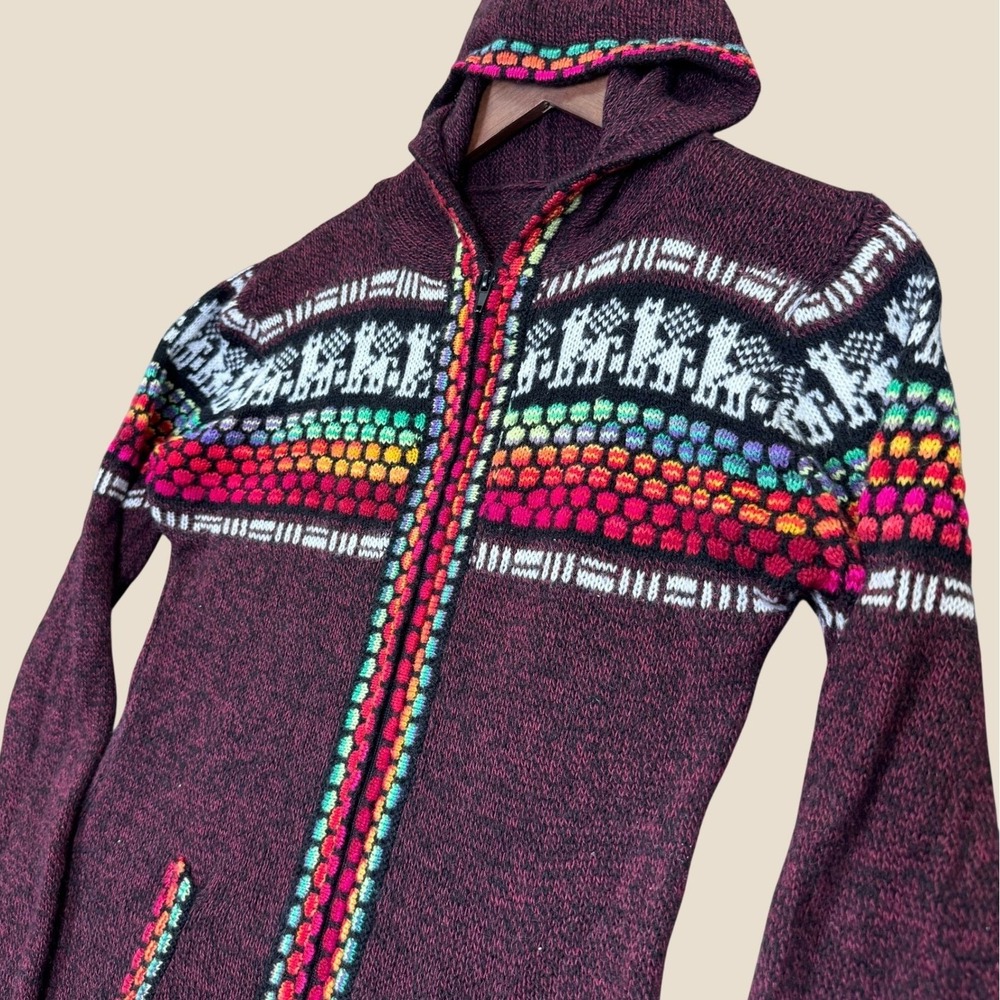 Vintage Llama Hooded Cardigan Women S Burgundy Alpaca Full Zip Knit Sweater